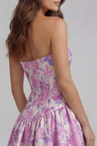 Strapless Blue White Flower Printed A-Line Maxi Dress
