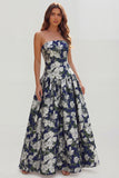 Strapless Blue White Flower Printed A-Line Maxi Dress
