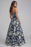 Strapless Blue White Flower Printed A-Line Maxi Dress