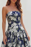 Strapless Blue White Flower Printed A-Line Maxi Dress