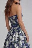 Strapless Blue White Flower Printed A-Line Maxi Dress