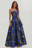 Strapless Blue White Flower Printed A-Line Maxi Dress