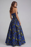 Strapless Blue White Flower Printed A-Line Maxi Dress