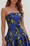 Strapless Blue White Flower Printed A-Line Maxi Dress