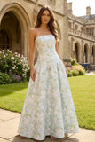 Strapless Blue White Flower Printed A-Line Maxi Dress
