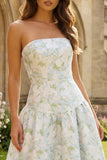 Strapless Blue White Flower Printed A-Line Maxi Dress