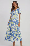 Blue White Flower A-Line Printed Short Sleeves Midi Dress