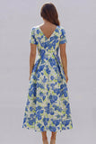Blue White Flower A-Line Printed Short Sleeves Midi Dress