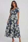 Blue White Flower A-Line Printed Short Sleeves Midi Dress