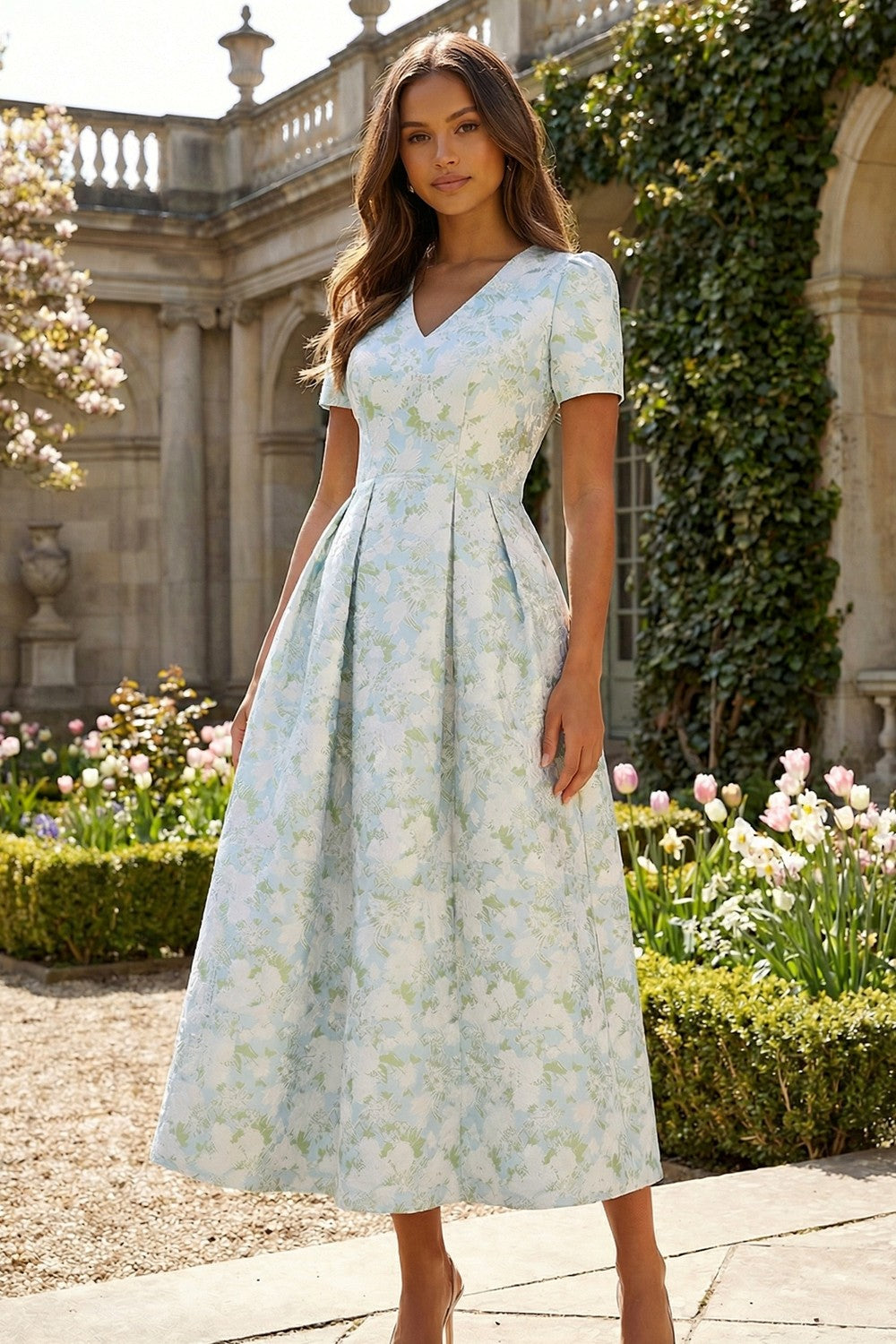 ZAPAKA Women Blue White Flower Midi Wedding Guest Dress A-Line Printed Short Sleeves V-Neck Formal Dress, Blue White Flower / US18W ZAPAKA Women Blue White Flower Midi Wedding Guest Dress A-Line Printed Short Sleeves V-Neck Formal Dress, Blue White Flower / US18W