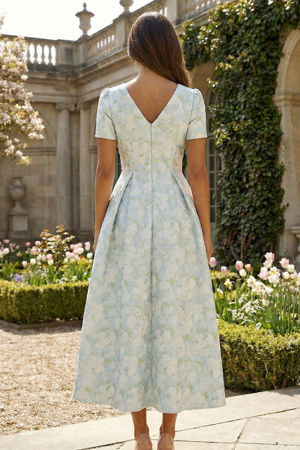 ZAPAKA Women Blue White Flower Midi Wedding Guest Dress A-Line Printed Short Sleeves V-Neck Formal Dress, Blue White Flower / US18W ZAPAKA Women Blue White Flower Midi Wedding Guest Dress A-Line Printed Short Sleeves V-Neck Formal Dress, Blue White Flower / US18W