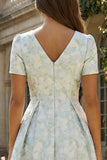 Blue White Flower A-Line Printed Short Sleeves Midi Dress