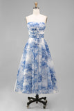 White Blue Flower Strapless A-Line Ruched Midi Dress