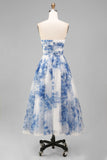 White Blue Flower Strapless A-Line Ruched Midi Dress