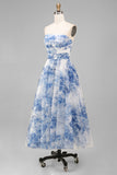 White Blue Flower Strapless A-Line Ruched Midi Dress