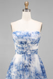 White Blue Flower Strapless A-Line Ruched Midi Dress