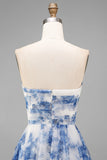 White Blue Flower Strapless A-Line Ruched Midi Dress