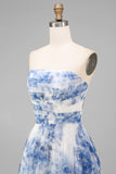 White Blue Flower Strapless A-Line Ruched Midi Dress
