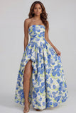 Blue Daffodil Flower Printed A-Line Strapless Midi Dress with Slit