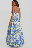 Blue Daffodil Flower Printed A-Line Strapless Floral Dress with Slit