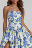 Blue Daffodil Flower Printed A-Line Strapless Floral Dress with Slit