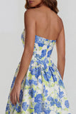 Blue Daffodil Flower Printed A-Line Strapless Floral Dress with Slit