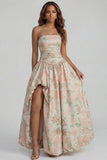 Blue Daffodil Flower Printed A-Line Strapless Floral Dress with Slit