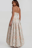 Blue Daffodil Flower Printed A-Line Strapless Floral Dress with Slit