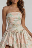 Blue Daffodil Flower Printed A-Line Strapless Floral Dress with Slit