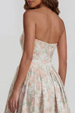 Blue Daffodil Flower Printed A-Line Strapless Floral Dress with Slit