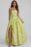 Blue Daffodil Flower Printed A-Line Strapless Floral Dress with Slit