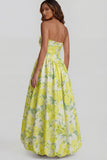 Blue Daffodil Flower Printed A-Line Strapless Floral Dress with Slit