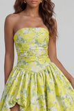 Blue Daffodil Flower Printed A-Line Strapless Floral Dress with Slit