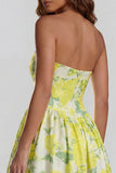 Blue Daffodil Flower Printed A-Line Strapless Floral Dress with Slit