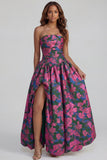Blue Daffodil Flower Printed A-Line Strapless Floral Dress with Slit