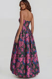 Blue Daffodil Flower Printed A-Line Strapless Floral Dress with Slit