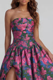 Blue Daffodil Flower Printed A-Line Strapless Floral Dress with Slit