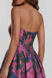Blue Daffodil Flower Printed A-Line Strapless Floral Dress with Slit
