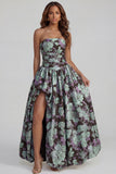 Blue Daffodil Flower Printed A-Line Strapless Floral Dress with Slit