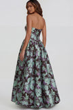 Blue Daffodil Flower Printed A-Line Strapless Floral Dress with Slit