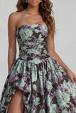 Blue Daffodil Flower Printed A-Line Strapless Floral Dress with Slit