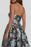 Blue Daffodil Flower Printed A-Line Strapless Floral Dress with Slit