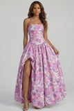 Blue Daffodil Flower Printed A-Line Strapless Floral Dress with Slit