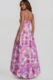 Blue Daffodil Flower Printed A-Line Strapless Floral Dress with Slit
