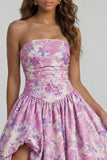 Blue Daffodil Flower Printed A-Line Strapless Floral Dress with Slit