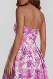 Blue Daffodil Flower Printed A-Line Strapless Floral Dress with Slit