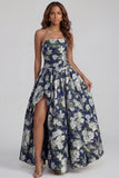 Blue Daffodil Flower Printed A-Line Strapless Floral Dress with Slit
