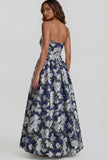 Blue Daffodil Flower Printed A-Line Strapless Floral Dress with Slit