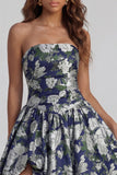 Blue Daffodil Flower Printed A-Line Strapless Floral Dress with Slit