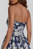 Blue Daffodil Flower Printed A-Line Strapless Floral Dress with Slit